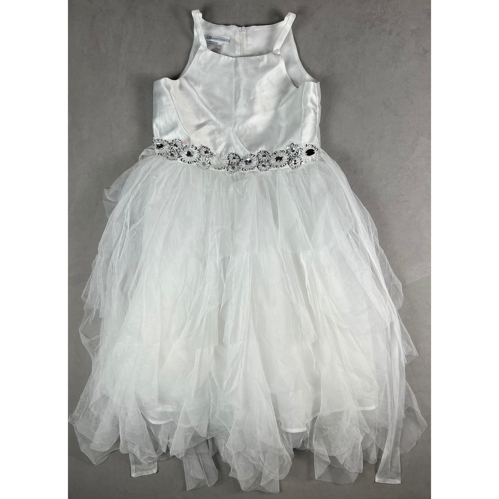 Bonnie Jean Girls White Satin Tulle Dress and Cardigan Set Size 8 R72437-CS